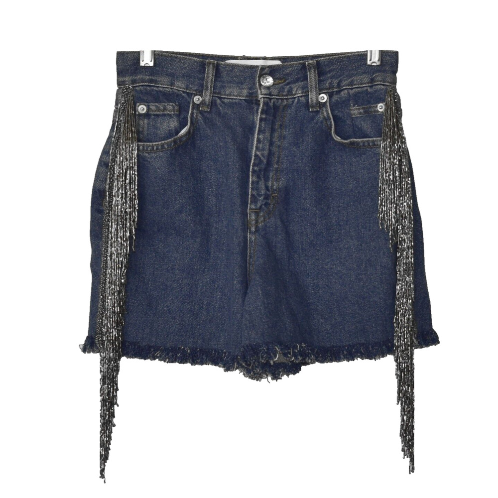 A5 Auth LOULOU Denim Rhinestones Tassel Distressed Pockets Frayed Shorts Size XS